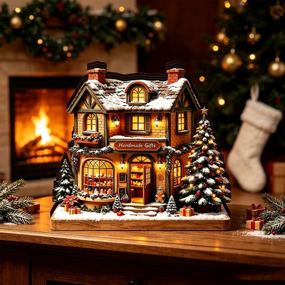 Christmas Village House LED Figurine, Lighted Winter Cottage with 4 Classic Design Options and Cozy Glowing Windows, for Mantel Bookshelf Coffee Table Bedroom and Holiday Displays