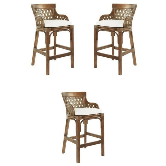 Home Square Stained Wood Rattan Frame Bar Stool in Brown - Set of 3