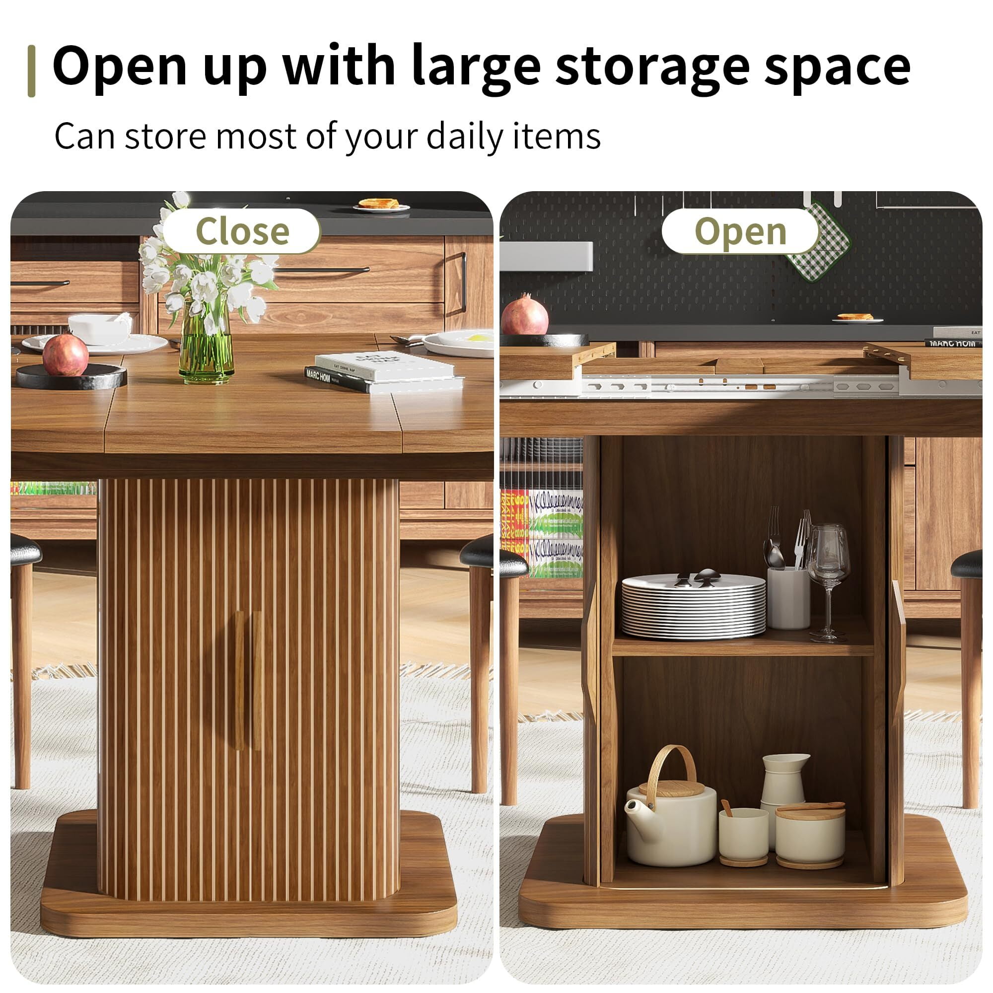 Extendable Round Dining Table for 4–8, 59" Modern Kitchen Table with Storage & Fluted Wood Sliding Door, Walnut