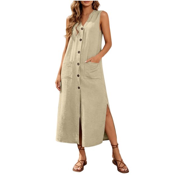 Bosfbaoi Dresses for Women Linen Blend Sleeveless Maxi Dress V-Neck Button Down Womens Dresses with Pockets and Side Slit Summer Dresses for Women 2026