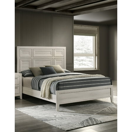 1pc Beautiful Architectural Paneling King Size Bed Off-White Finish