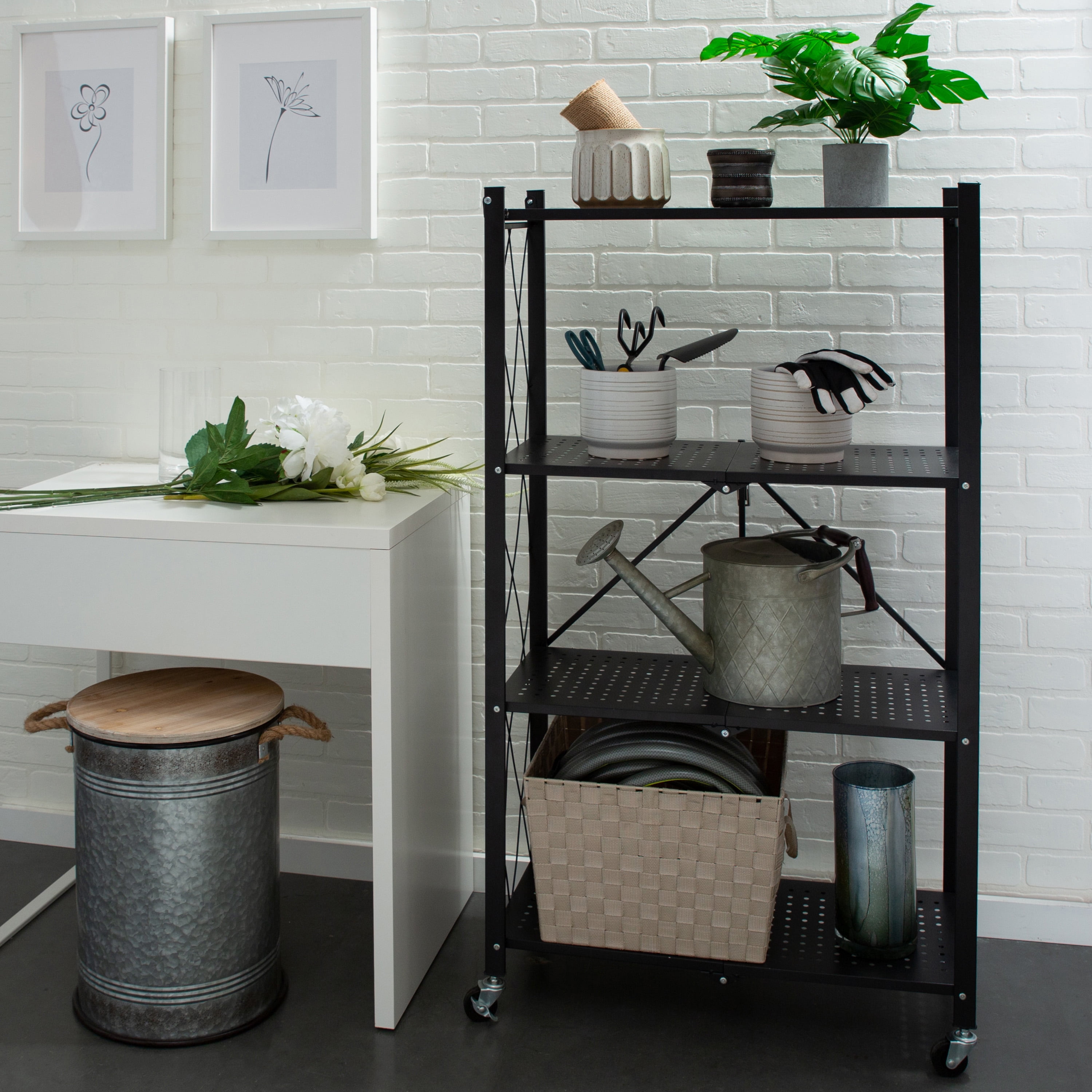 Organize It All 4 Shelf Foldable Metal Storage Shelves, Wheels, Adult, Kitchen, Laundry Room, Black