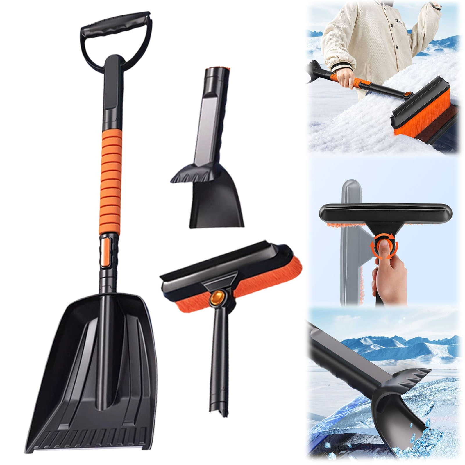 A 5-In-1 Car Snow Removal Kit Ice Scraper And Extendable Brush Emergency Shovel With Grip 180° Pivoting Brush Head Scraper For Cars Trucks Suvs Vehicle