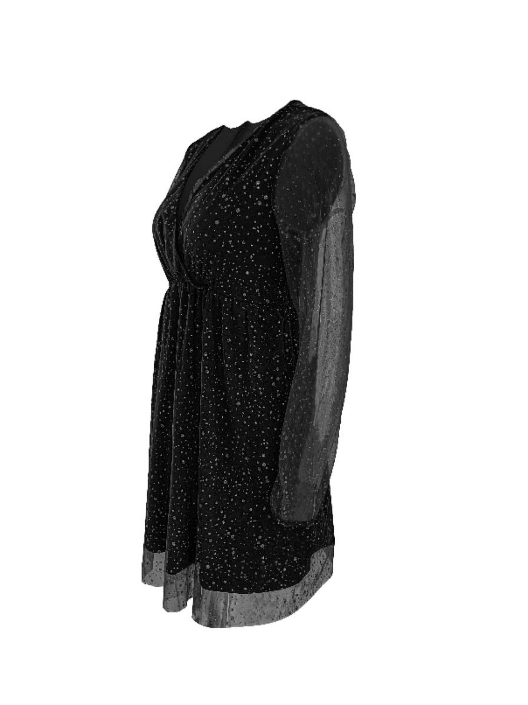 Women's Sequins Mini Dress Lantern Long Sleeve V Neck Mesh Splicing Glitter Cocktail Party Dress Short Dance Dress