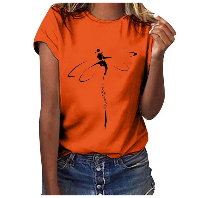 Fgnfyis Hauts pour Femmes T-Shirt Court Chemise Décontractée Tunique à Manches Imprimé Col Rond Lettres Hauts Blouse T-Shirts à Manches Courtes pour Femmes Orange m