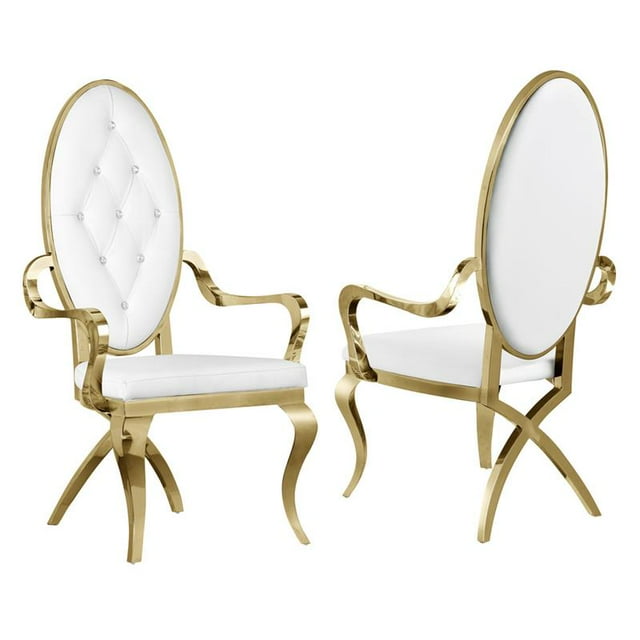 Fauteuils Capitonnés en Similicuir Blanc et Acier Inoxydable Doré (Lot de 2)