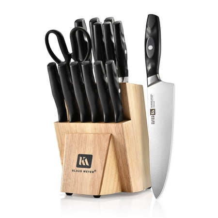 Klaus Meyer 15 Pieces Knife Block Set, High Carbon German Stainless Steel Forged Sharp Blade Knife Set With Block, Dishwasher Safe Cutlery