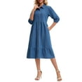 thumbnail image 4 of INSPIRE CHIC Women's Denim Dress Puff 3/4 Sleeve Button Up Collar A Line Swing Ruffle Tiered Midi Jean Dresses L Blue, 4 of 6