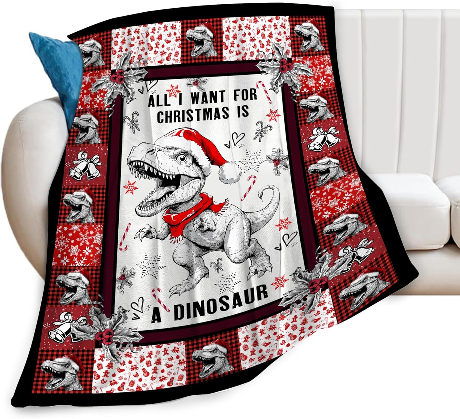 Christmas Dinosaur Blanket Cute Dinosaur Flannel Plush Throw Blanket Cozy Dinosaur Decor Fleece Bedding Stuff Blanket Gifts for Dinosaur Lover Girls Boys Kids Adults Women Bed Travel 60"x80"