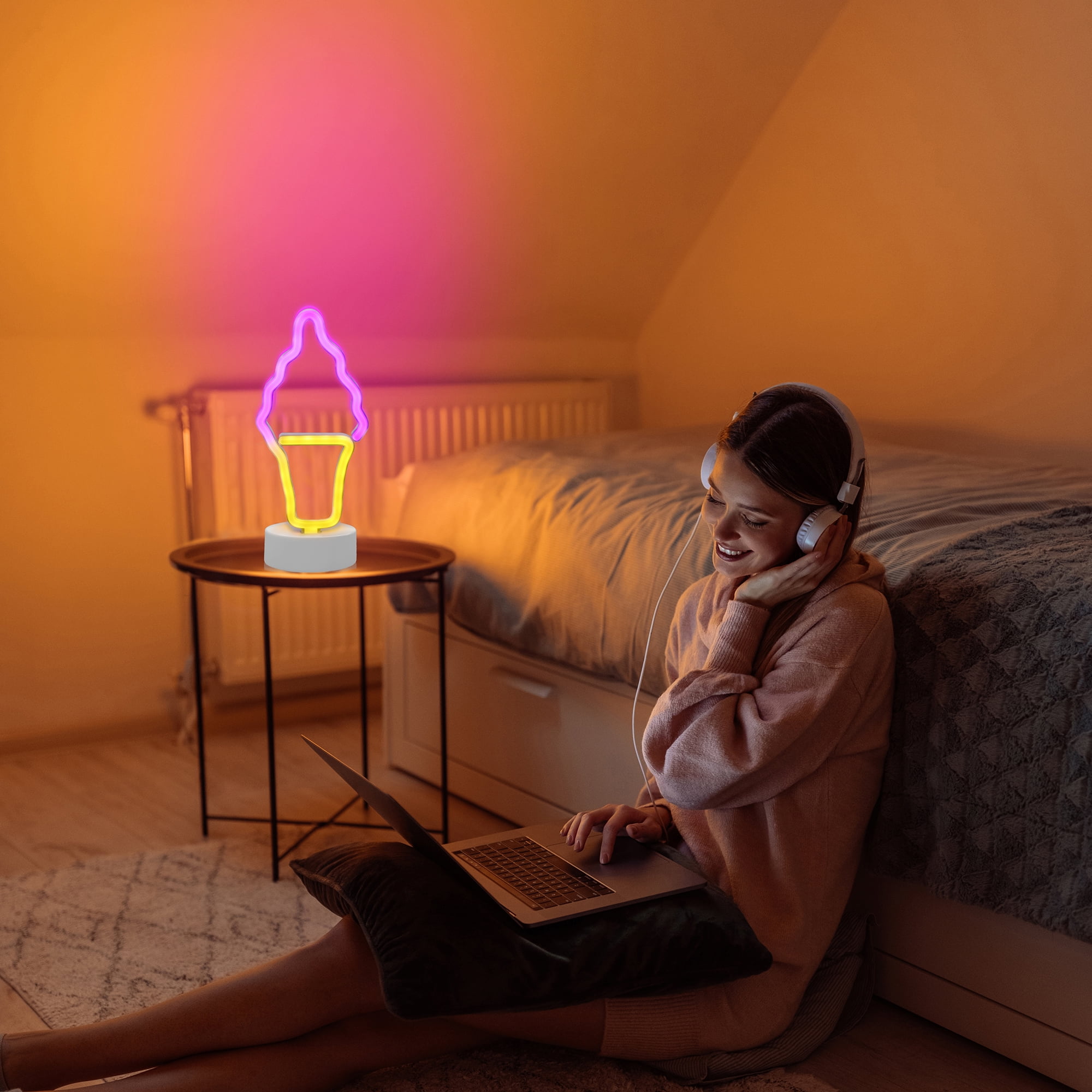 Xtreme Lit 10" Pink and Yellow Ice Cream Table Neon Lamp, 4 Hour Timer, Battery Powered 3 AA Batteries