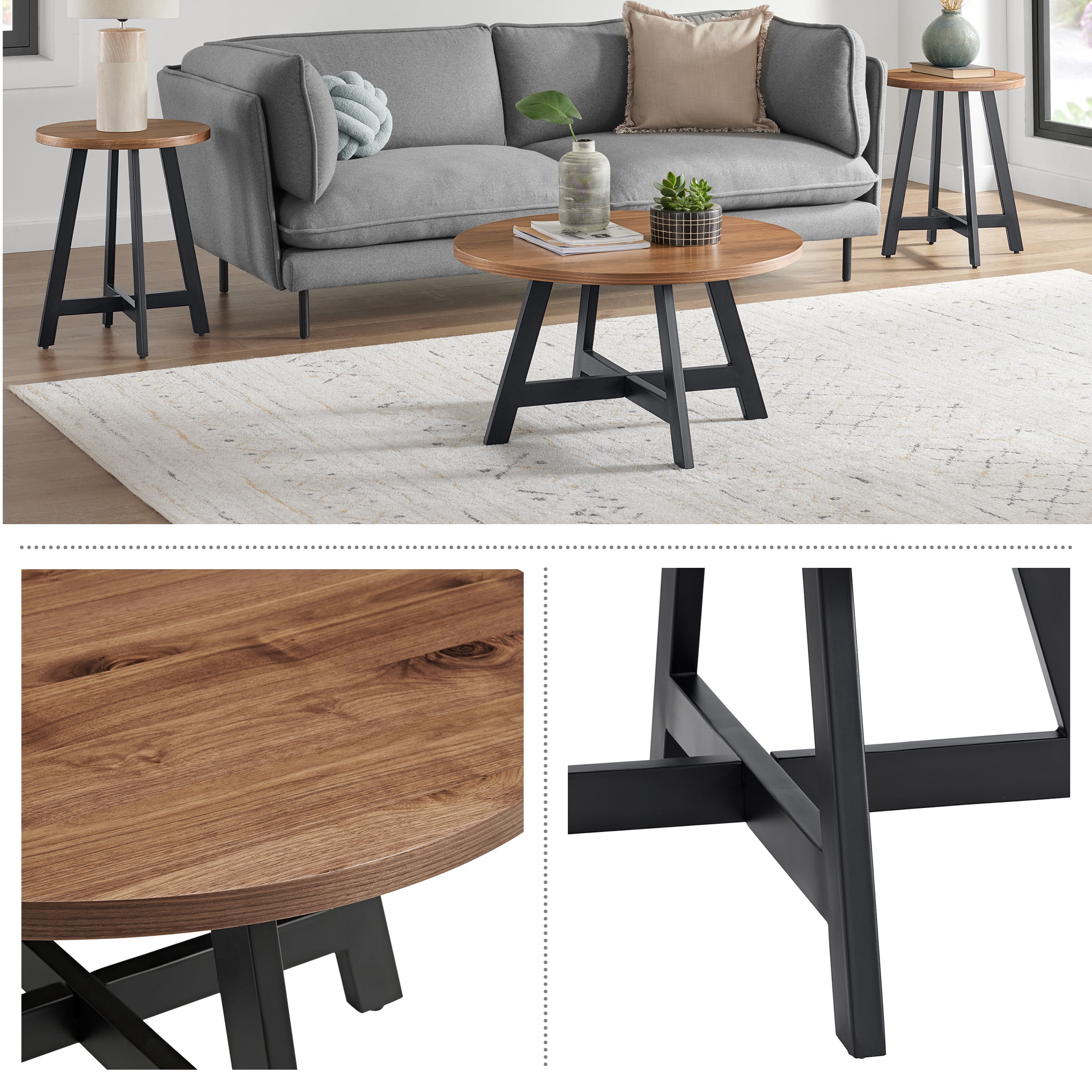 Lavish Home 3PC Industrial Round Coffee Table Set with Side Tables (Walnut)