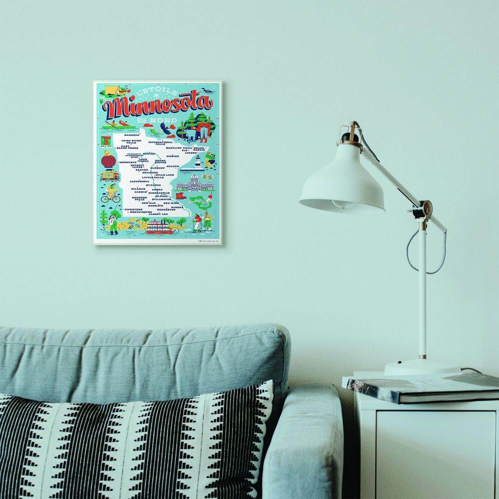 The Stupell Home Decor Collection Minnesota Light Blue and Red Illustrated Scenic Map Poster Canvas Wall Art