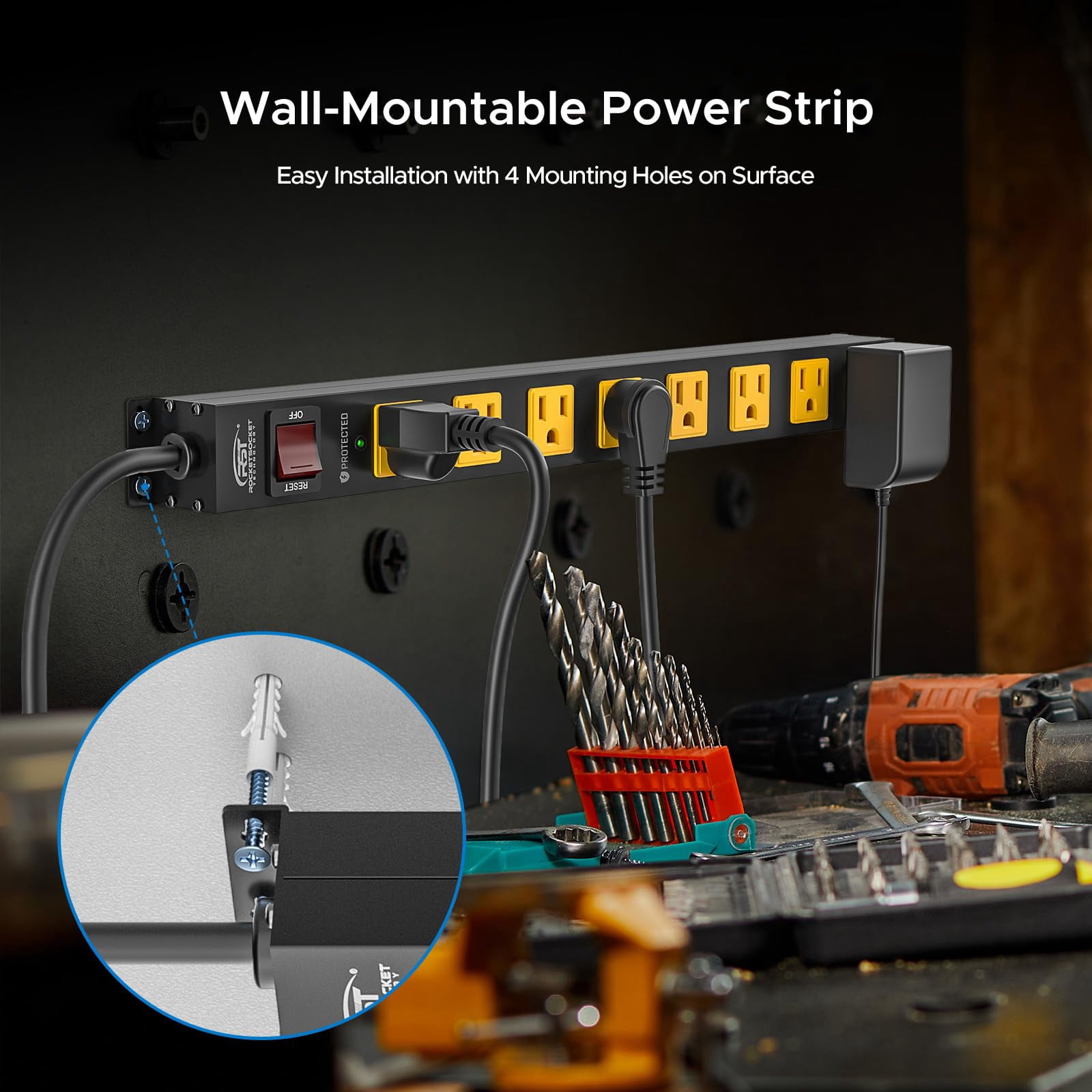 CRST 8 Outlet Metal Long Power Strip, 2100J Heavy Duty Surge Protector Power Strip, 6FT Cord Mountable Wide Spaced Workshop Garage Power Strip, 15Amp / 1875W (Black + Yellow)