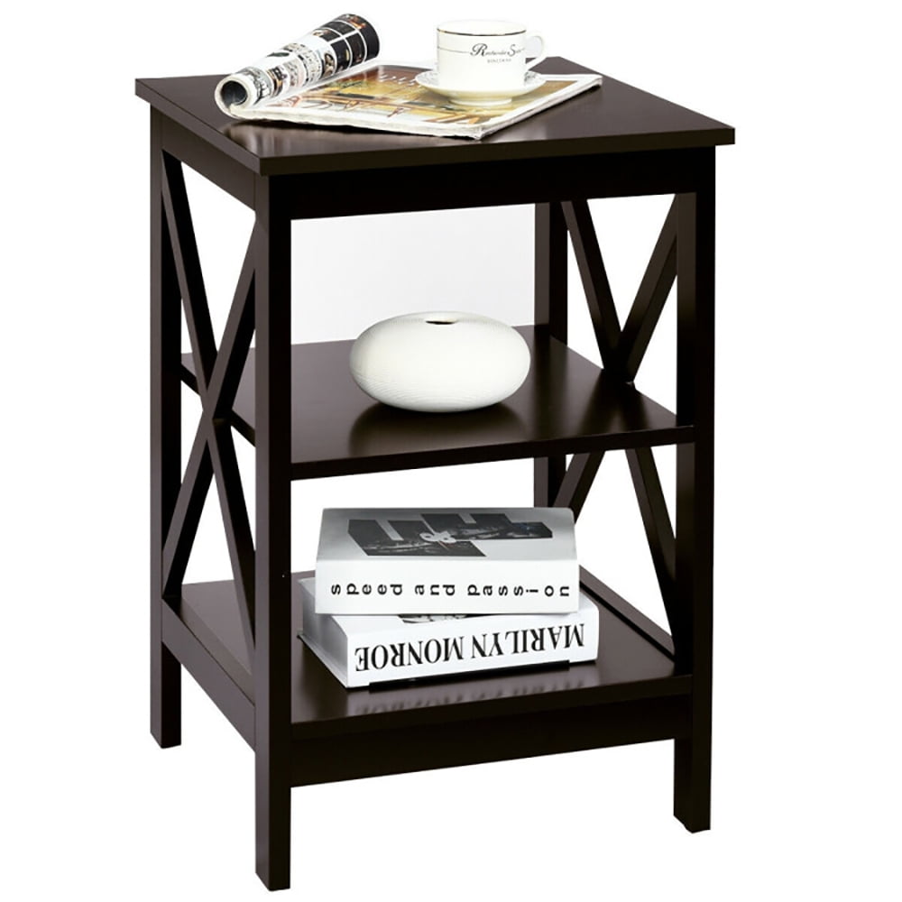 Finihen End Table, 3-Tier Nightstand End Table with X Design Storage, Bed Side Tables, for Living Room, Bedroom, Dark Brown Finihen End Table, 3-Tier Nightstand End Table with X Design Storage, Bed Side Tables, for Living Room, Bedroom, Dark Brown