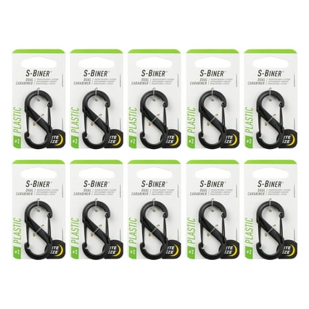 Nite Ize S-Biner Plastic Dual Carabiner - Durable Dual Carabiner with Wire Gate Closure for Organizing Keys & Keychain Attachments - Size 2, Black (10 Pack)