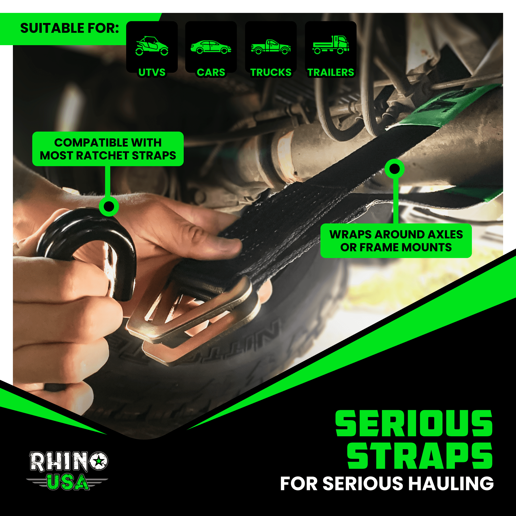 Rhino USA Axle Tie Down Straps - 11,128lb. Break Strength - Protective Sleeves & D Rings (4 Pack)