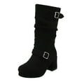 thumbnail image 6 of Platform Boots for Women Slouchy Leather Pull on Mid Calf Block Heel Dress Booties Casual Round Toe Buckle Strap Winter Long Boots Black Size 6, 6 of 6