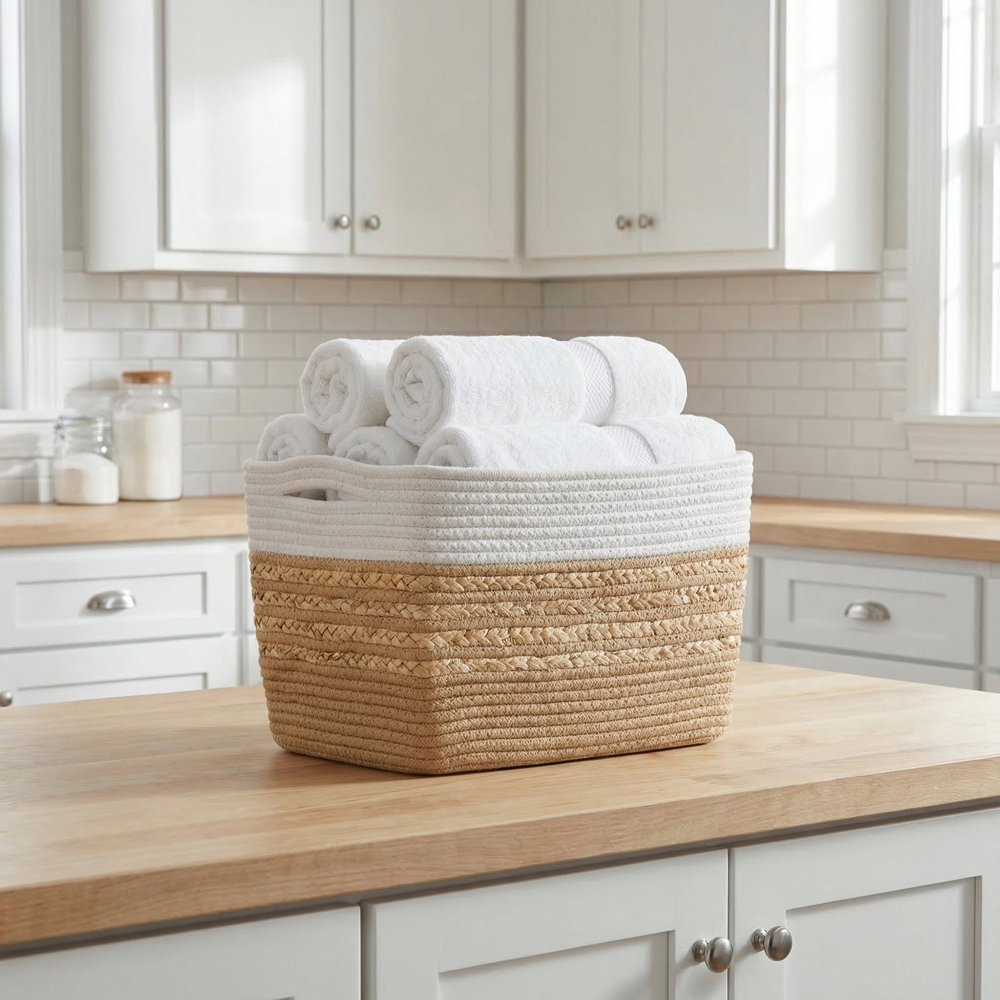 Unique Bargains Woven Storage Basket Storage Bin White Brown 15*9.8*9.1in