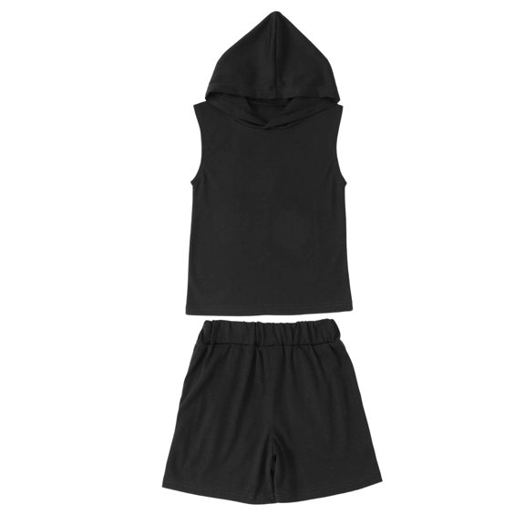 REDARER Boys Black Solid Sleeveless Hooded Tee & Shorts 2-Piece Casual Summer Outfit,4-5 Years