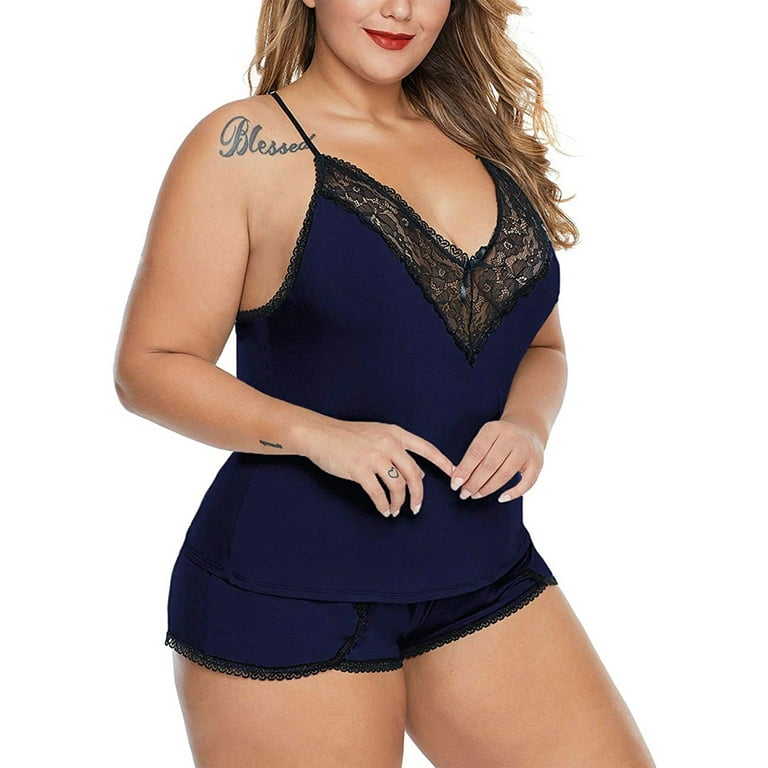 Chama Women Plus Size Pajamas Set Cami Top and Shorts PJ Set Nightwear Sexy Lace  Sleepwear 