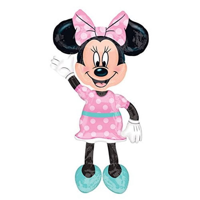 Anagram 34331 Minnie Airwalkers - Pink Dress Foil Mylar Party Balloon, 54 inches, multicolor. This giant Minnie Mouse-shaped foil balloon features her in a pink polka dot dress with a matching bow, teal shoes, and a cheerful expression. Designed to appear as if floating on air when filled with helium, it is made of durable Mylar foil and is ideal for kids' parties or Disney-themed celebrations.