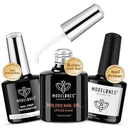 modelones Nail Dehydrator and Primer & Builder Nail Gel, 3Pcs Prep Dehydrate & Bond Primer Clear Gel Builder Polish Base Coat for Strengthener Apex Building, LED Lamp Cured 10ml Home DIY Salon