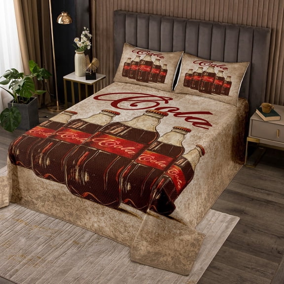 Erosebridal Vintage Cola Quilt Sets for Queen Size Bed, Damask Floral Print Bed Set, Drinks Decor 3pcs