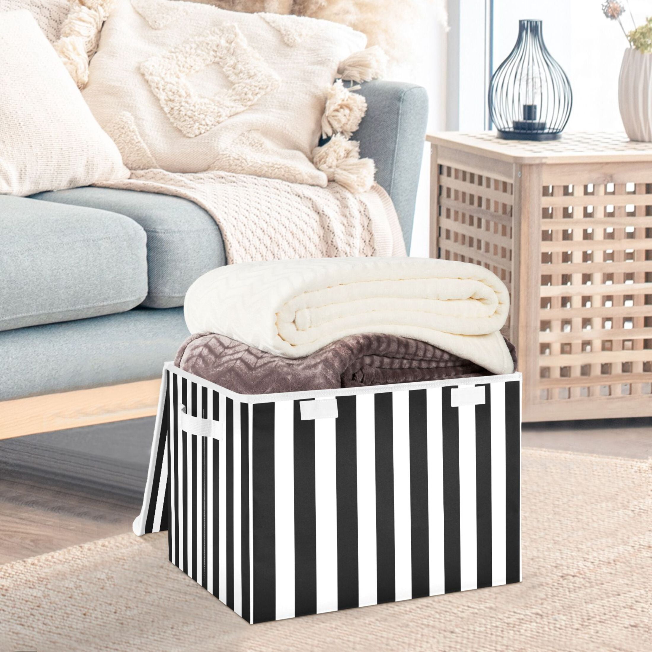Ryvnso White and Black Stripe Pattern Large Lidded Foldable Storage Baskets Cubes Boxes Lids Bin for Home