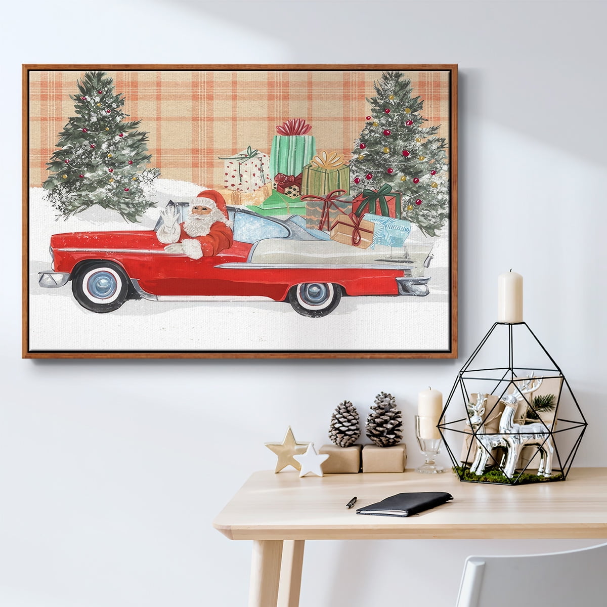 Santa on Wheels II - Framed Gallery Wrapped Holiday Canvas - 25 x 37 - Rosewood Frame