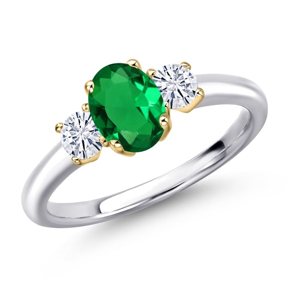 Gem Stone King 10K Two Tone Gold Green Nano Emerald and White Moissanite Engagement Ring for Women | 0.92 Cttw | Oval 7X5MM | Gemstone May Birthstone | Size 5