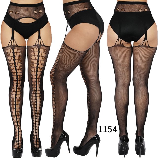 Sexy Fishnet Tights Women Lingerie Stockings wtih Garter Transparent Crotchless Pantyhose Thigh High Stocking Elastic Embroidery 1154 S-XXXXL