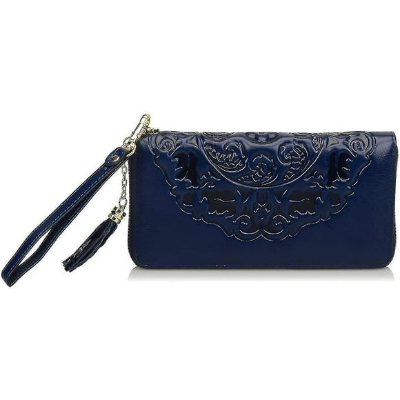 Women's Flora Genuine Leather Designer Wristlet Wallet Money Organizer (medium 7.87''(w) X 1.18'' (d) X 3.94'' (h), Dark B