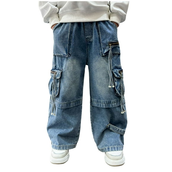 yocbz Boy's Slim Straight Fit Ripped Jeans Boys Jeans Childrens Street Dance Hop Overalls Middle And Large Childrens Straight Wide Leg Pants Blue,7-8 Years