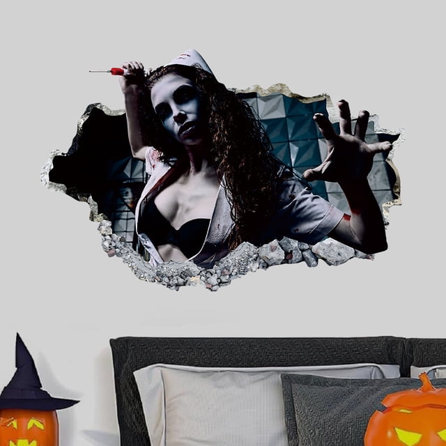 Adhesivos de pared Horror Zombie Nurse 3D con efecto de pared rota