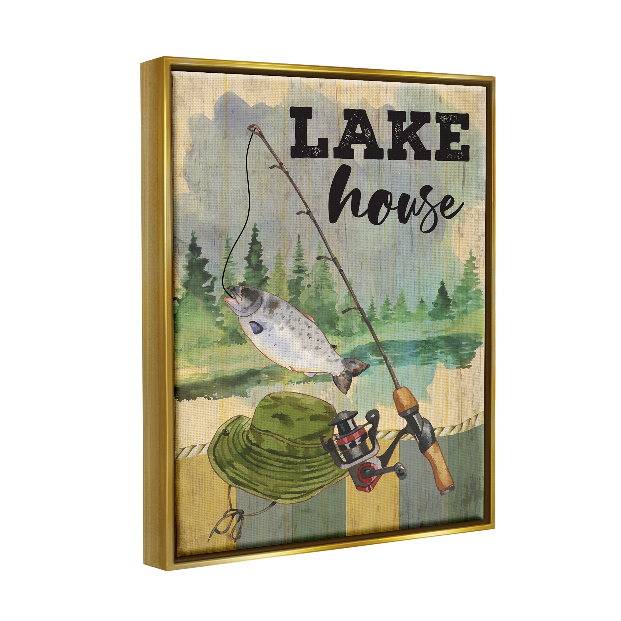 Stupell Lake House Fishing Angler Sign Animals & Insects Painting Gold Floater Framed Art Print Wall Art
