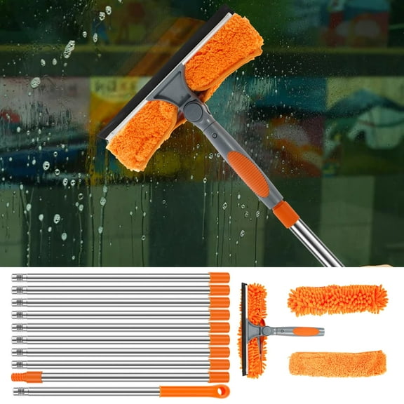 Tysrjsv Window Squeegee Cleaner Kit with 13.78 FT Extension Pole 2 in 1 Double Sided Glass Cleaning Tools 180° Swivel Window Washing Cleaning Tool with Microfiber and Chenille Cloth