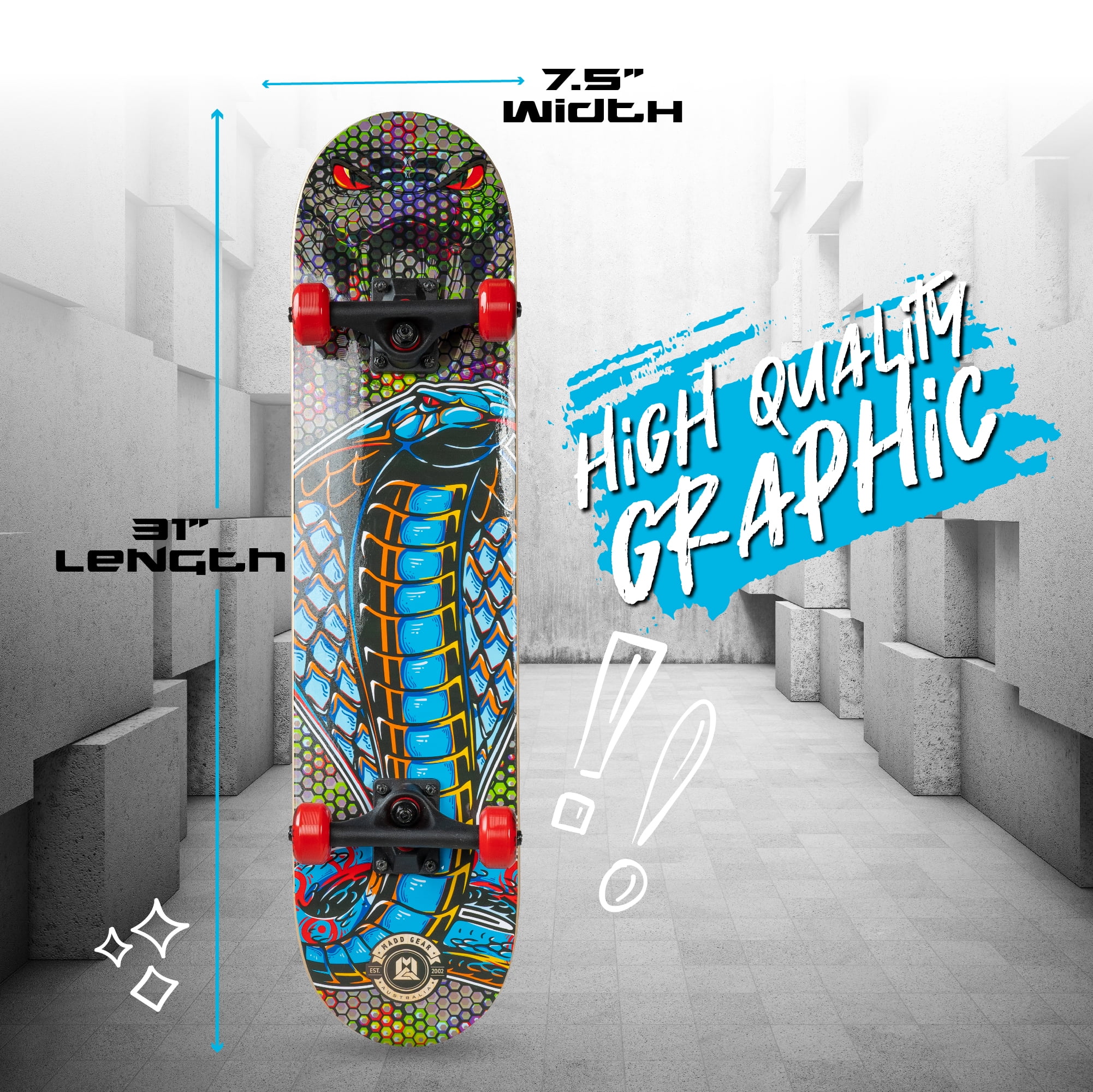 Madd Gear 31 x 7-inch Double Kicktail Standard Beginner Complete Skateboard Maple Deck 50mm Wheels