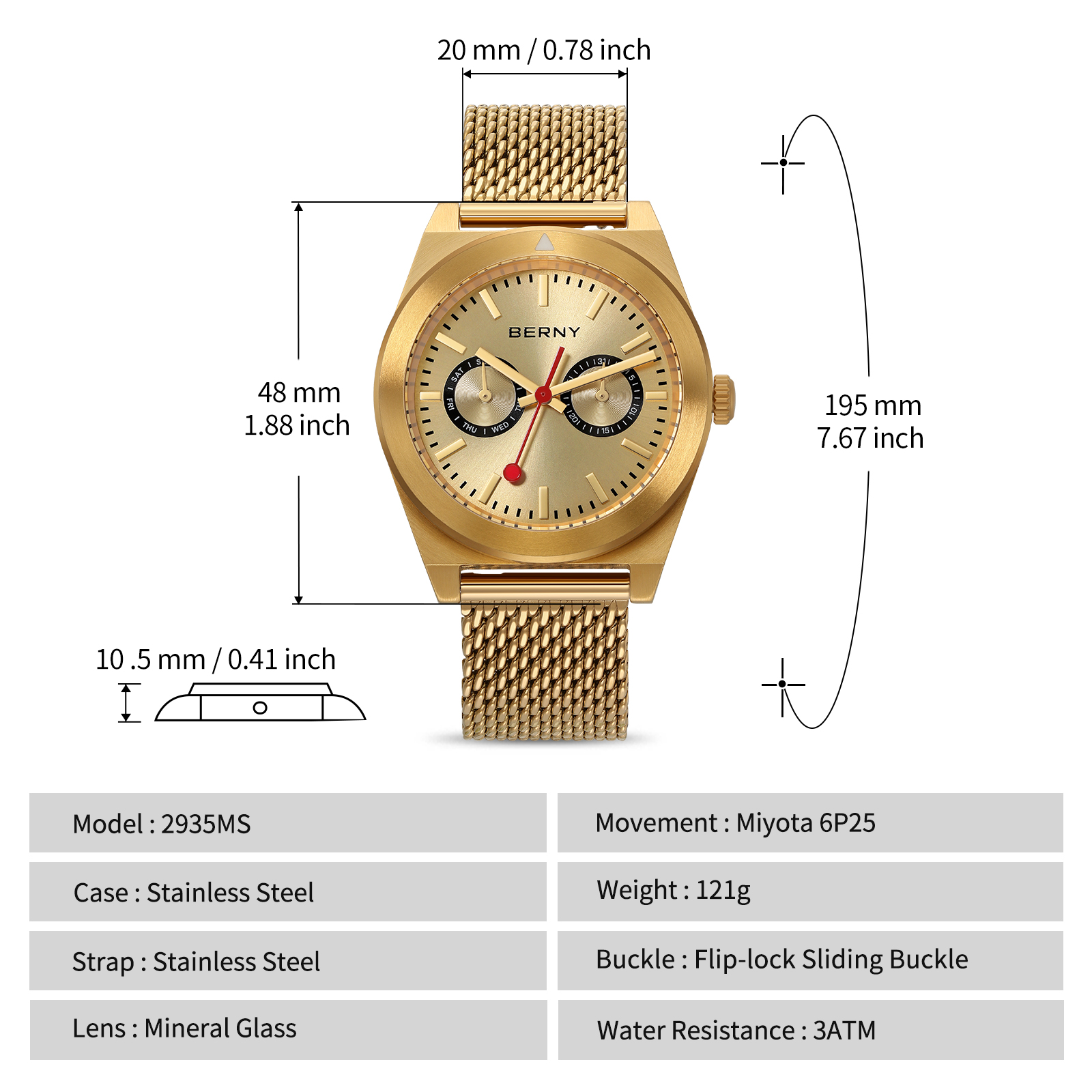 BERNY Gold Watches for Men, Classic Vintage Quartz Analog Watch with Day & Date Calendar, Stainless Steel Mesh Band, Luminous, Waterproof, Fashion Sport Casual Men's Wristwatch (Gold)