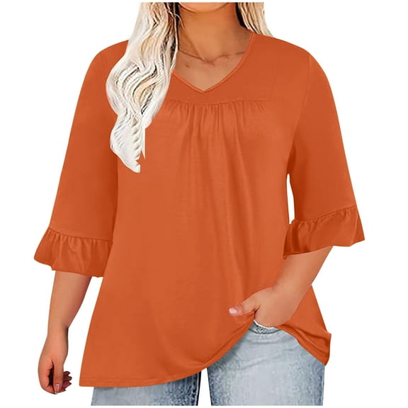 Plus Size Clothes for Women,Plus Size Tops,Women's Plus Size Top 3/4 Ruffled Sleeve Shirt Casual-Neck Pleated T-Shirt Loose Fitting Shirt,3/4 Sleeve Shirts for Women