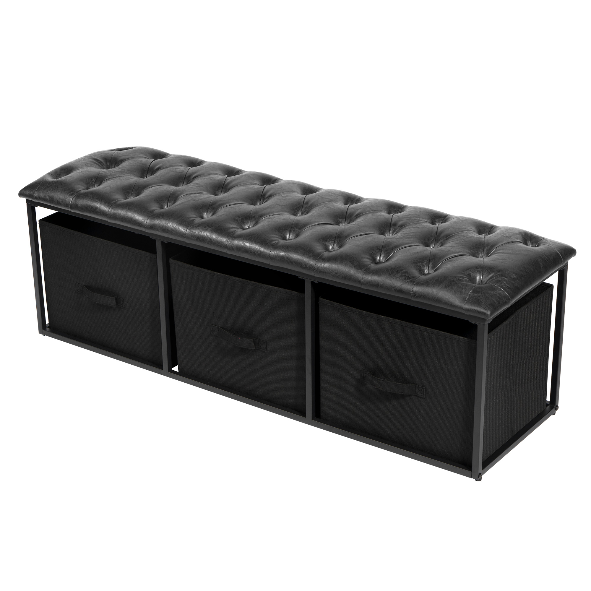 Cozy Castle Button Tufted Faux Leather Bench with Storage Bins, Black