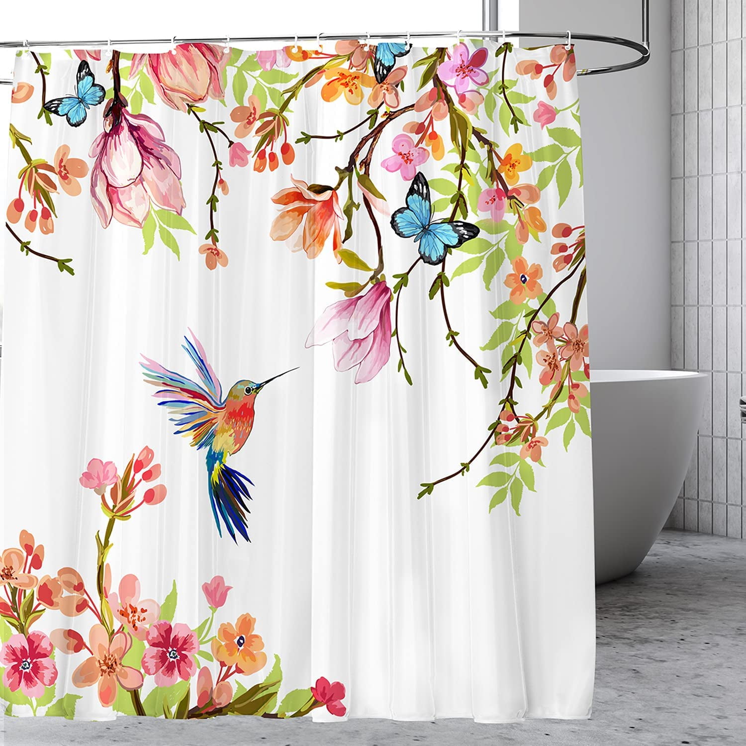 72x72'' Waterproof Fabric Bathroom Shower Curtain 12 Hooks Colorful Hummingbird 