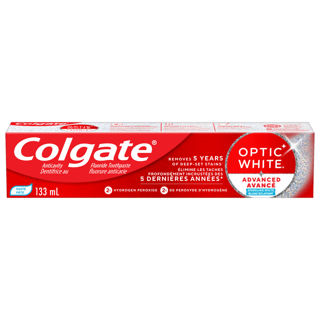 Dentifrice au fluorure Colgate Optic White Avancé Blanc éclatant, Menthe, 133 ml