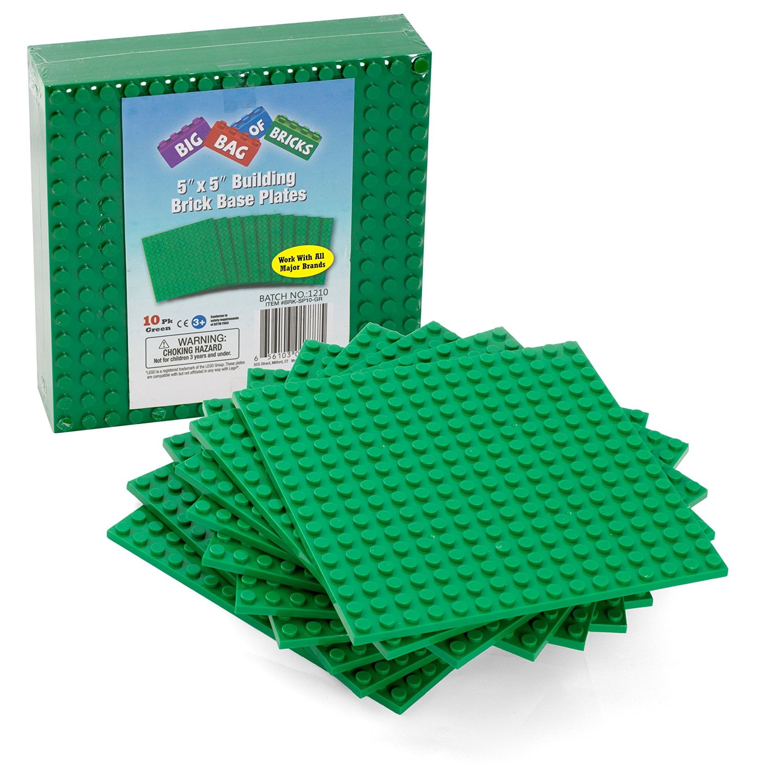 Brick Building Base Plates By SCS - Small 5'x5' Green Baseplates (10 Pack) - Tight Fit with All Major Brick Sets
