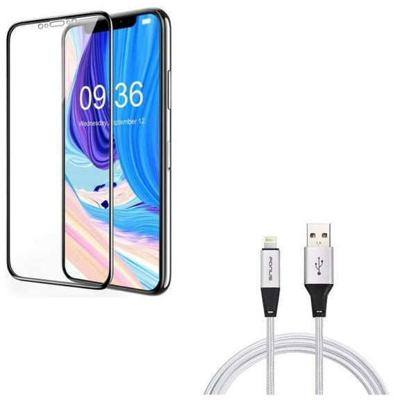 iPhone XS/X - Ceramics Screen Protector w Charger Cord 10ft USB Cable - Matte 3D Curved Edge Full Cover Anti Glare Anti Fingerprint 9H Hardness, Power Wire Braided Long Sync Fast Charge