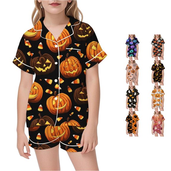 XAOFW Boys Girls Halloween Pajamas Pumpkin Prints Short Sleeve Button Down Tops Shorts Toddler Kids Fall Winter Soft Nightwear 3-4 Years