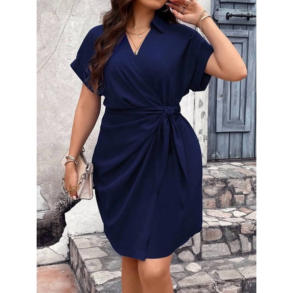 Navy Blue Plus Size Knot Side Wrap Shirt Dress With Collared V-Neck And Short Sleeves