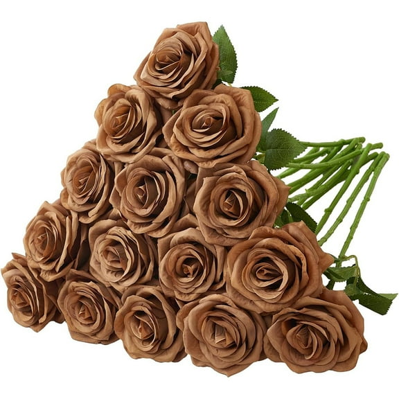 15PCS Artificial Silk Flowers Realistic Roses Bouquet Long Stem for Home Wedding Decoration Party(Coffee)