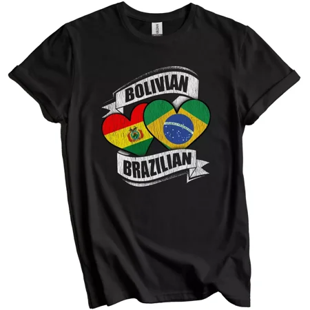 Gildan Bolivian Brazilian Hearts Bolivia Brazil Flags T-Shirt Gift for Men Women Unisex Tee
