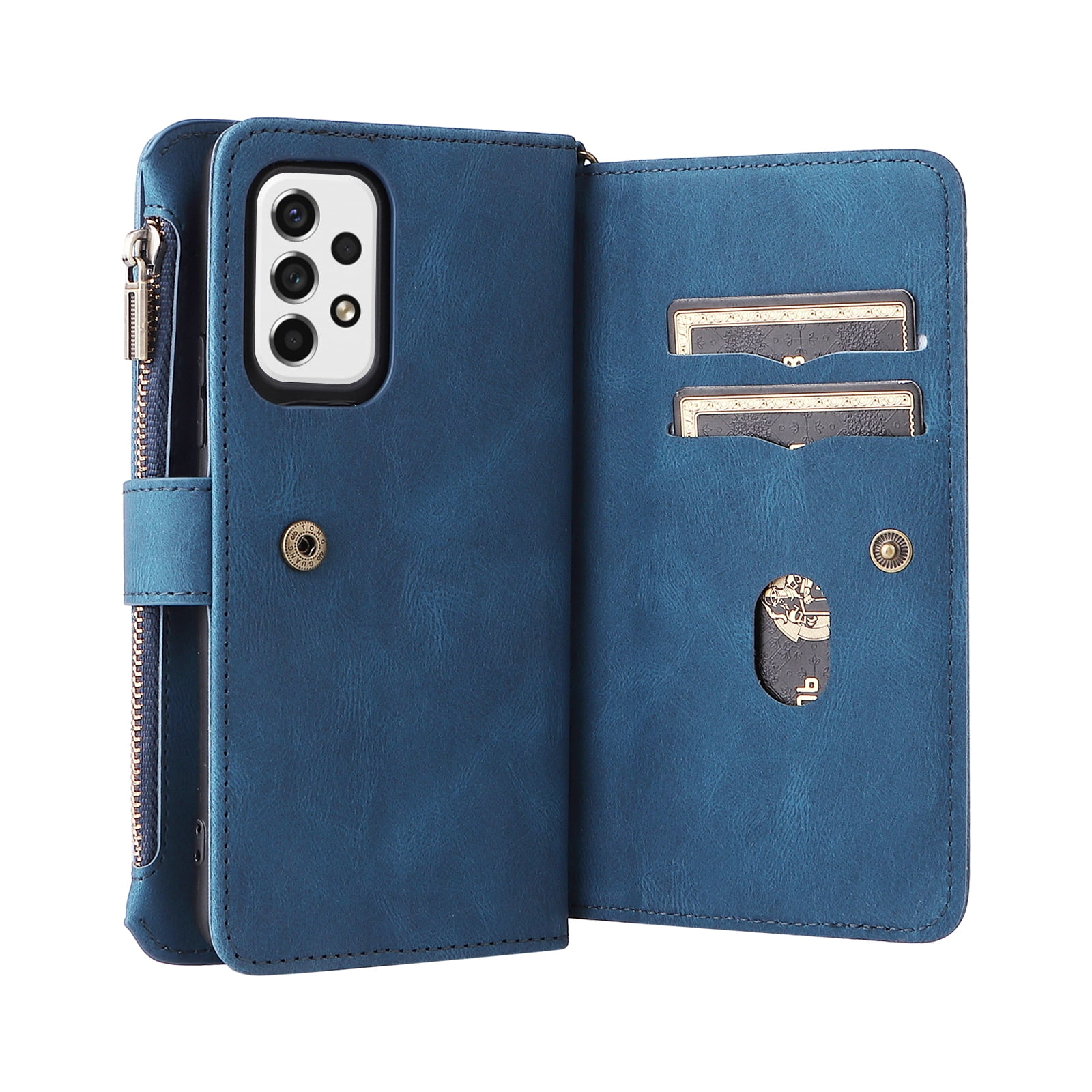 Phone Case for Samsung Galaxy A53 5G, Galaxy A53 5G Wallet Case, Luxury Folio Flip Leather Cover [Zipper Pocket] [Wrist Strap] [Kickstand] for Samsung Galaxy A53 5G 6.5 inch,Blue