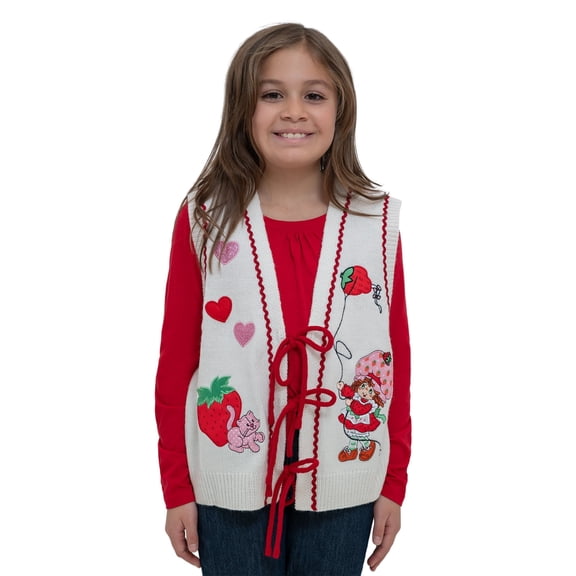 Strawberry Shortcake Juniors' Tie Front V-Neck Sweater Vest, Sizes S-XL